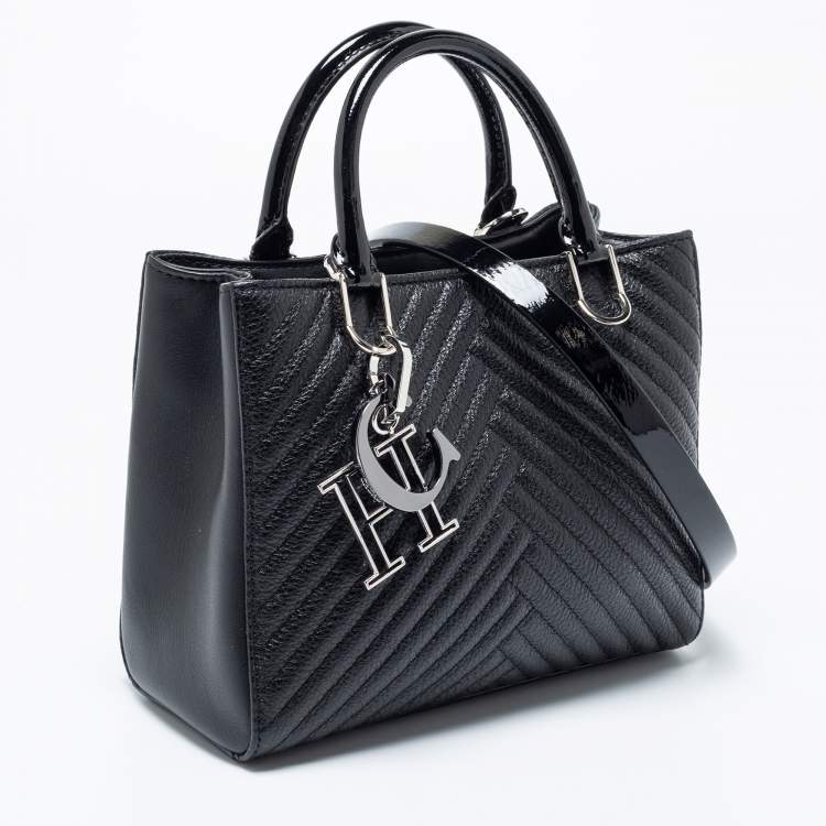 Pre Owned CH Carolina Herrera Black Leather and Patent Leather Small Tote