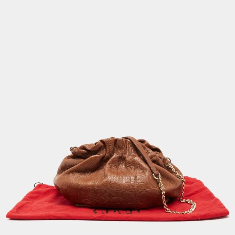Pre Owned CH Carolina Herrera Brown Embossed Leather Bucket Shoulder Bag