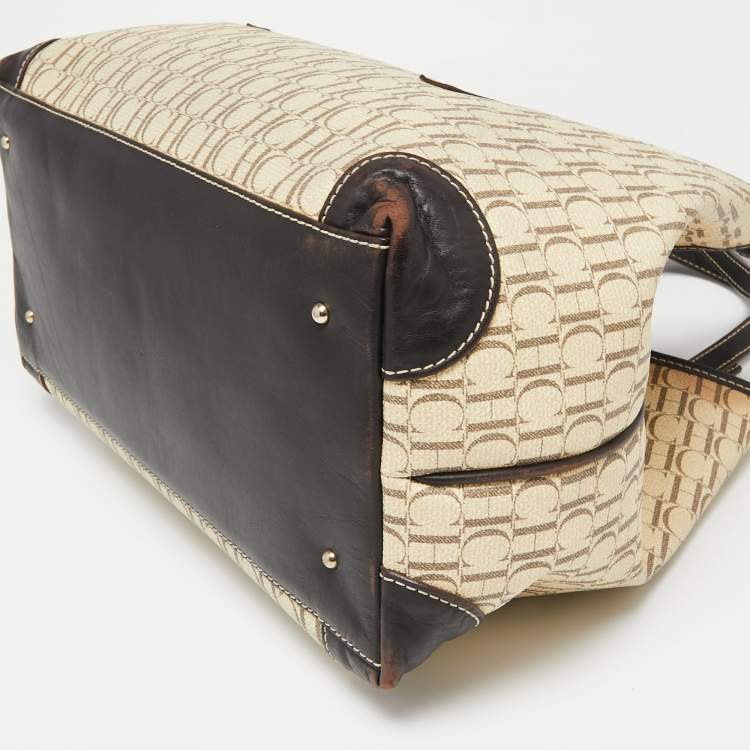 Pre Owned CH Carolina Herrera Beige/Brown Monogram Canvas And Leather Shopper Tote
