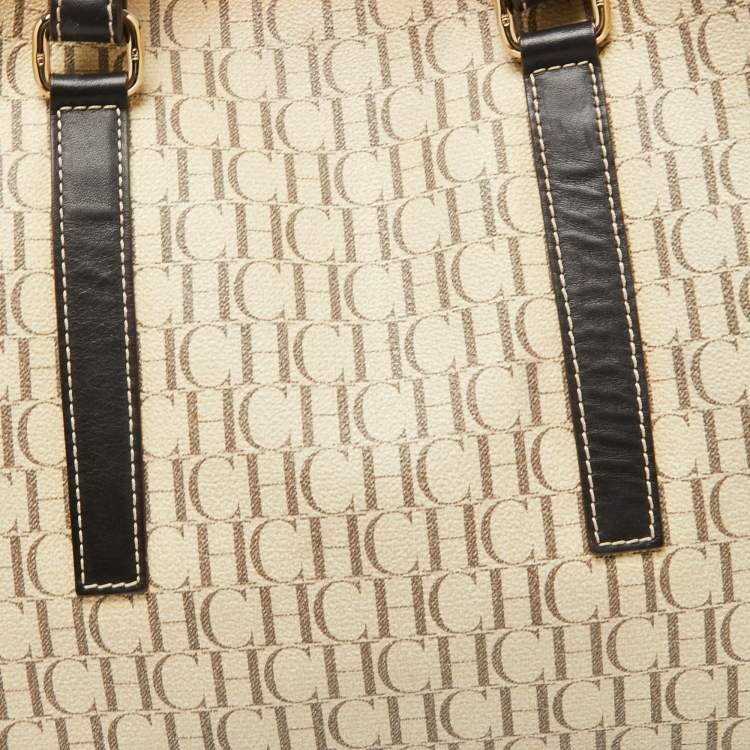Pre Owned CH Carolina Herrera Beige/Brown Monogram Canvas And Leather Shopper Tote