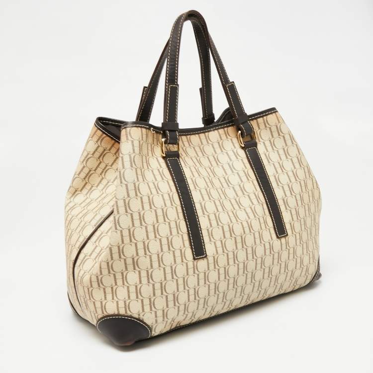 Pre Owned CH Carolina Herrera Beige/Brown Monogram Canvas And Leather Shopper Tote