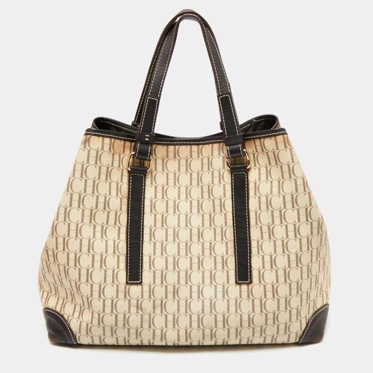 Pre Owned CH Carolina Herrera Beige/Brown Monogram Canvas And Leather Shopper Tote