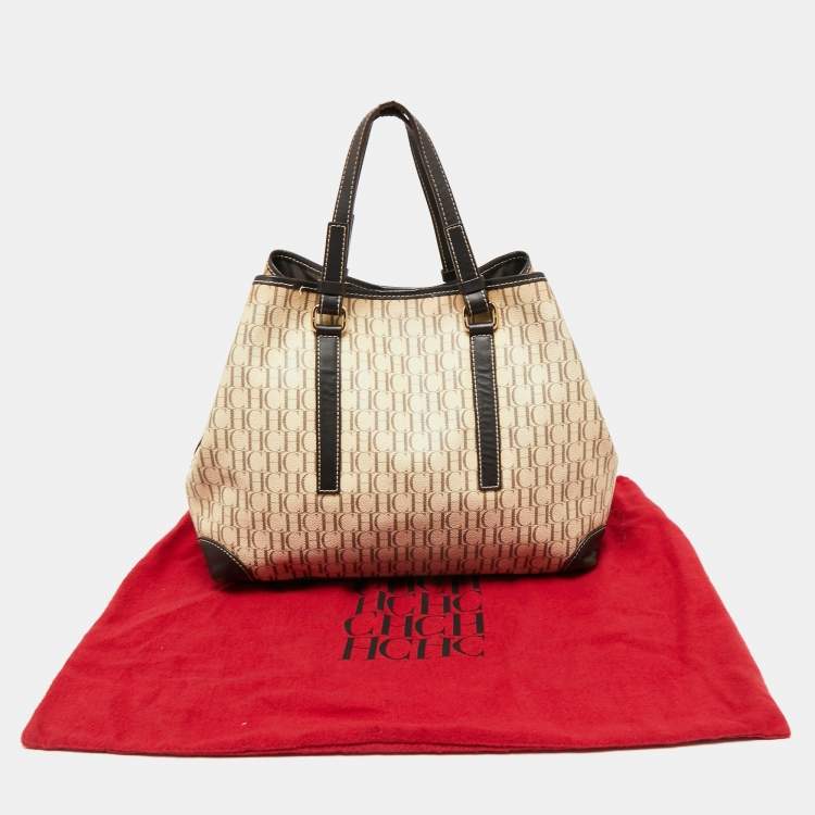Pre Owned CH Carolina Herrera Beige/Brown Monogram Canvas And Leather Shopper Tote