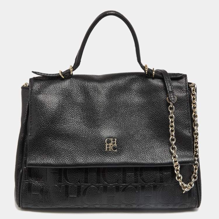 Pre Owned CH Carolina Herrera Black Leather Minuetto Flap Top Handle Bag