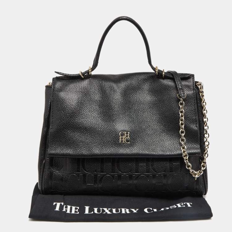 Pre Owned CH Carolina Herrera Black Leather Minuetto Flap Top Handle Bag