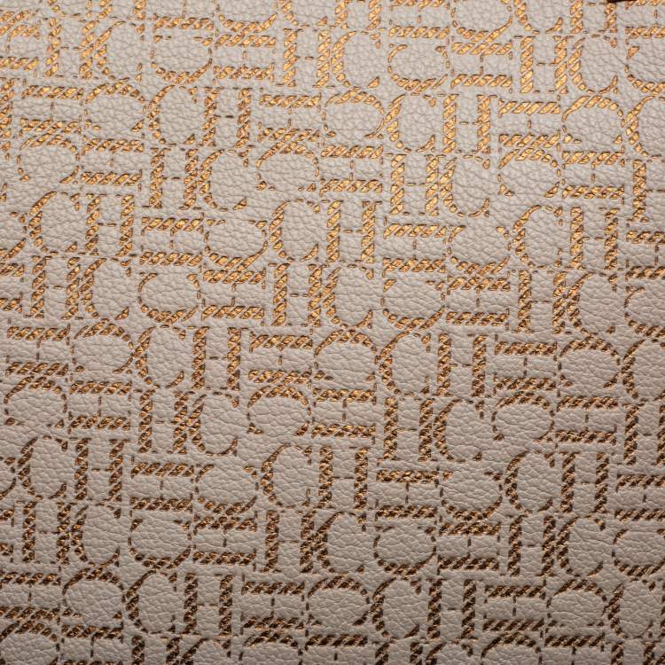 Pre Owned CH Carolina Herrera Beige/Gold Monogram Leather Matryoshka Padlock Tote