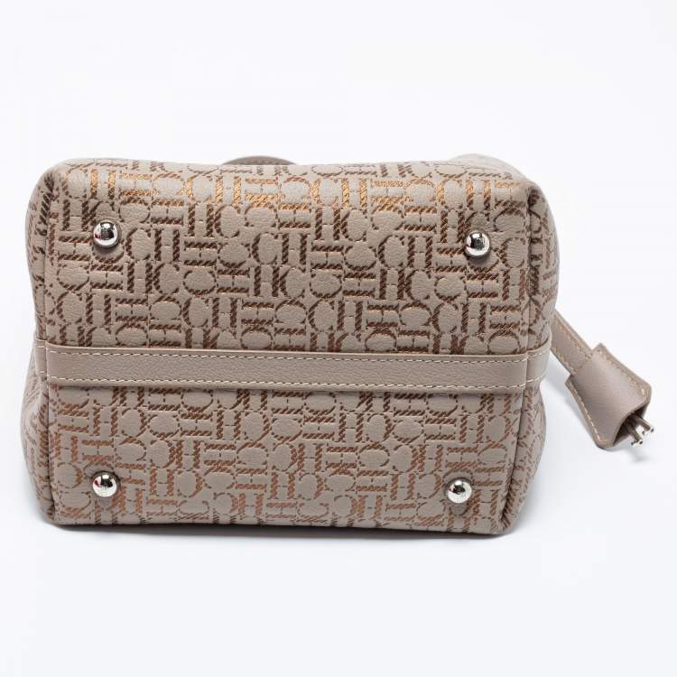 Pre Owned CH Carolina Herrera Beige/Gold Monogram Leather Matryoshka Padlock Tote