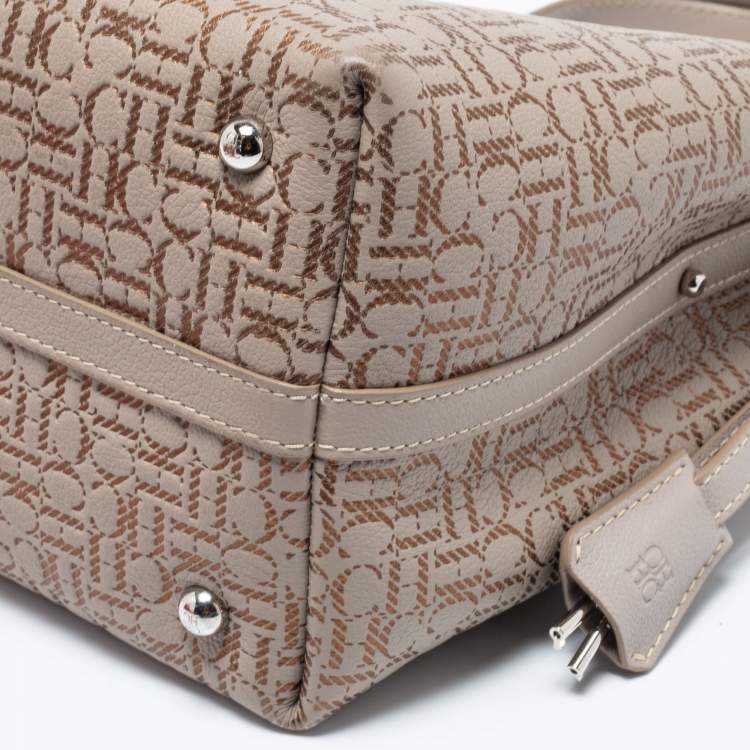 Pre Owned CH Carolina Herrera Beige/Gold Monogram Leather Matryoshka Padlock Tote