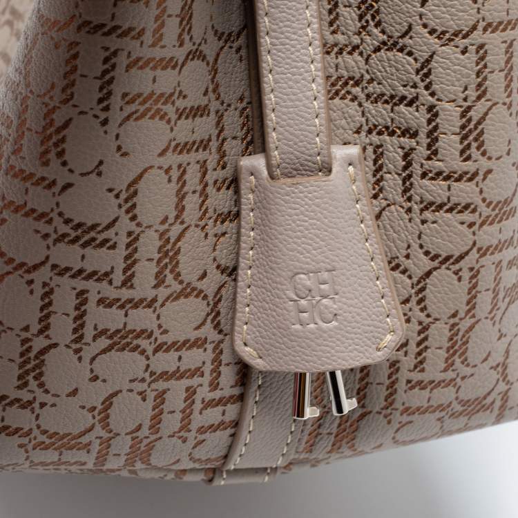 Pre Owned CH Carolina Herrera Beige/Gold Monogram Leather Matryoshka Padlock Tote