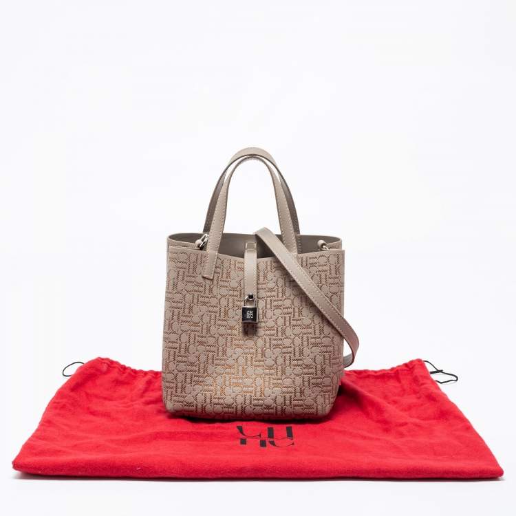 Pre Owned CH Carolina Herrera Beige/Gold Monogram Leather Matryoshka Padlock Tote