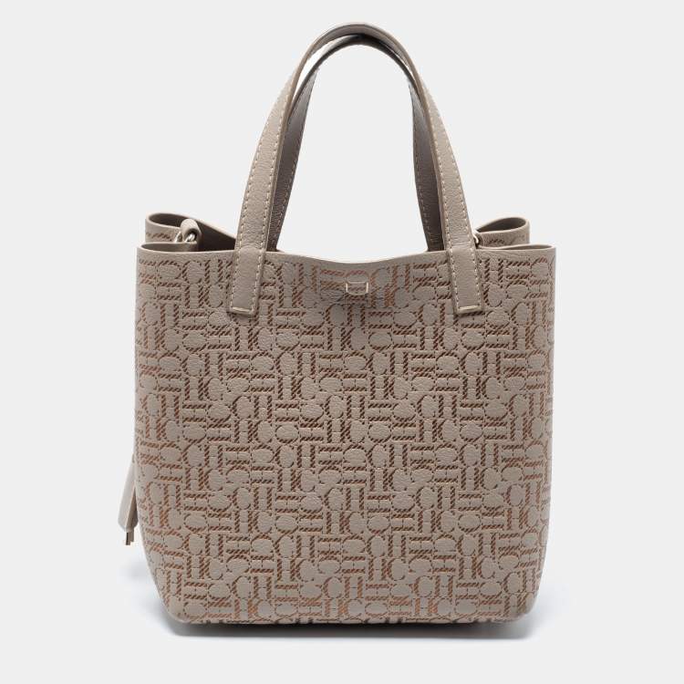 Pre Owned CH Carolina Herrera Beige/Gold Monogram Leather Matryoshka Padlock Tote