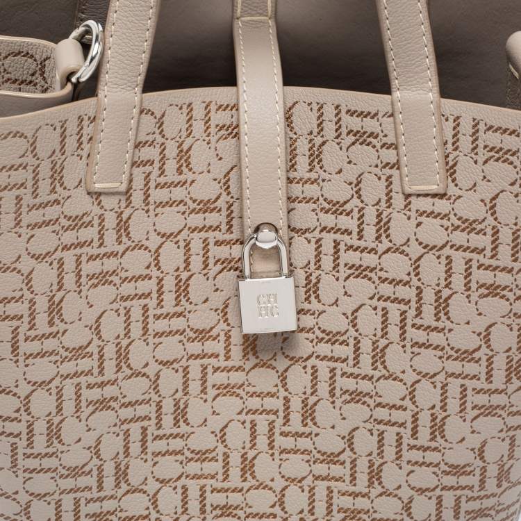 Pre Owned CH Carolina Herrera Beige/Gold Monogram Leather Matryoshka Padlock Tote