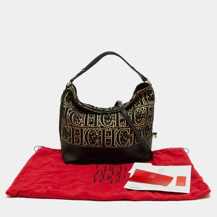 Pre Owned CH Carolina Herrera Black/Gold Monogram Fabric And Leather Open Tote