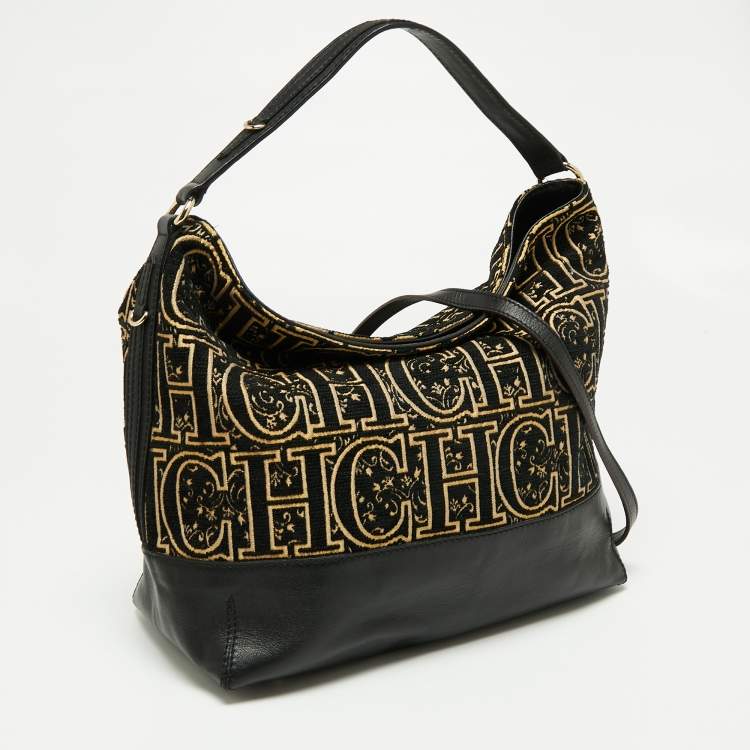 Pre Owned CH Carolina Herrera Black/Gold Monogram Fabric And Leather Open Tote