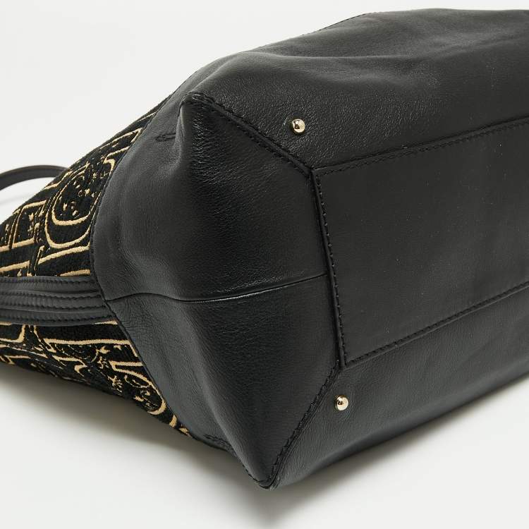 Pre Owned CH Carolina Herrera Black/Gold Monogram Fabric And Leather Open Tote