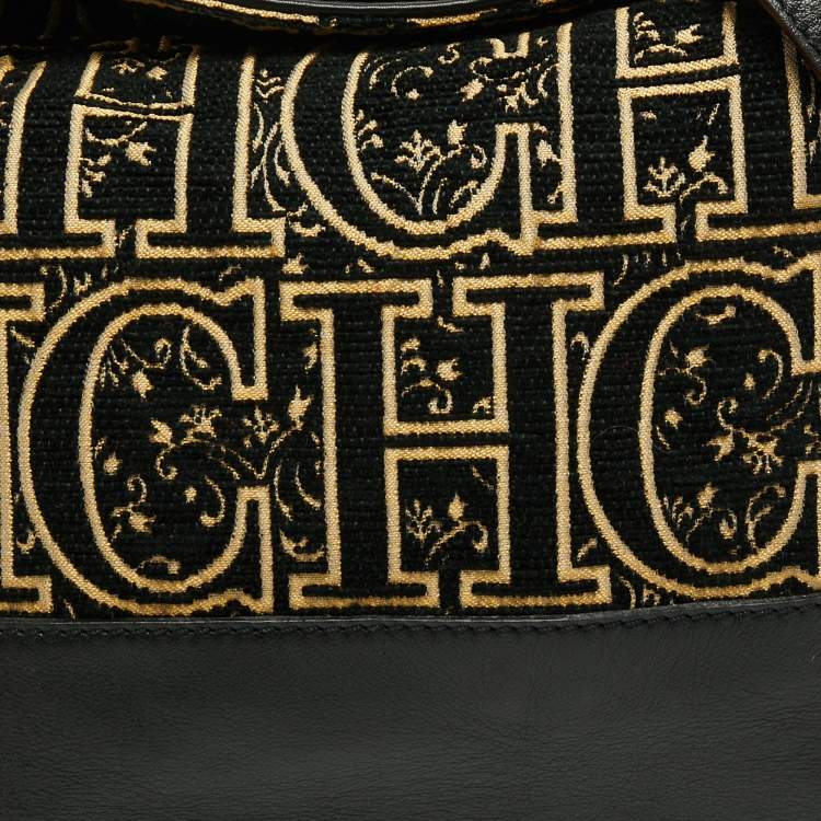 Pre Owned CH Carolina Herrera Black/Gold Monogram Fabric And Leather Open Tote