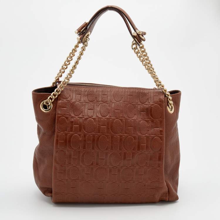 مملوكة مسبقًا CH Carolina Herrera Brown Monogram Embossed Leather Chain Tote 