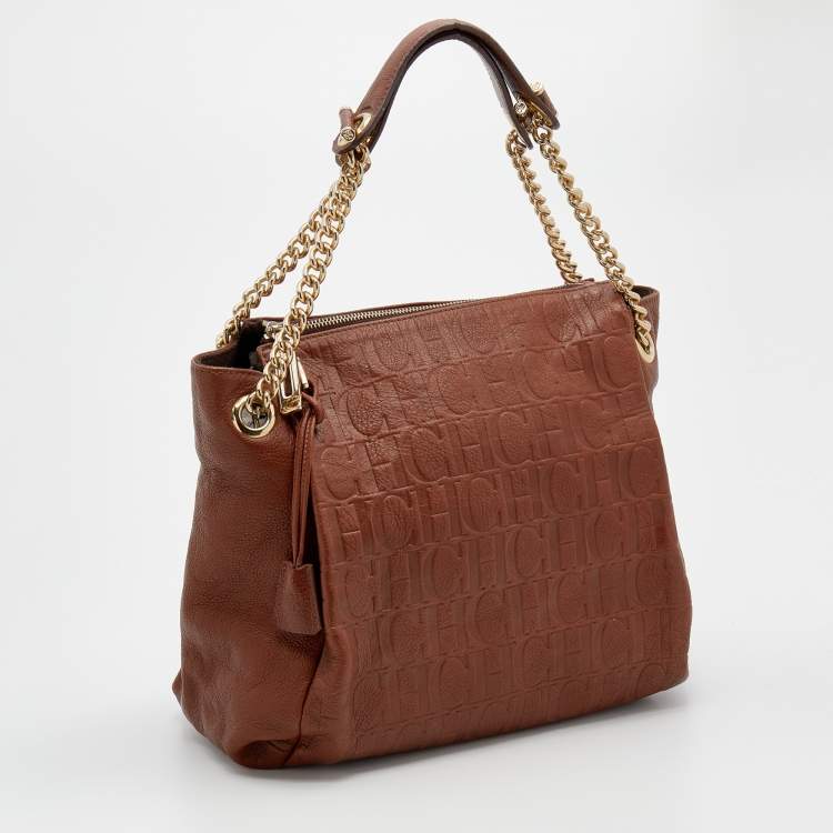 مملوكة مسبقًا CH Carolina Herrera Brown Monogram Embossed Leather Chain Tote 