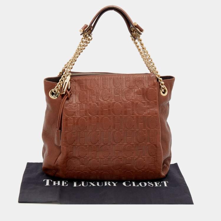 مملوكة مسبقًا CH Carolina Herrera Brown Monogram Embossed Leather Chain Tote 