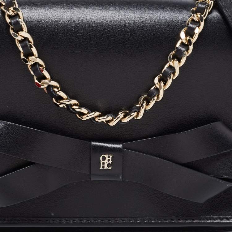 Pre Owned CH Carolina Herrera Black Leather Bow Shoulder Bag