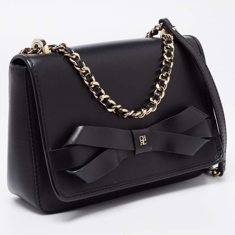 Pre Owned CH Carolina Herrera Black Leather Bow Shoulder Bag