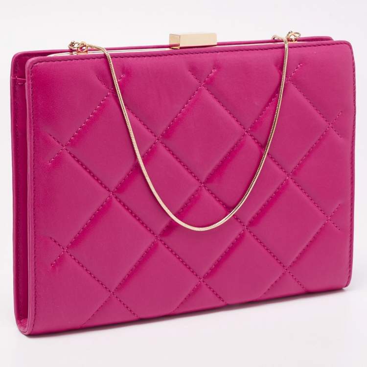 Pre Owned CH Carolina Herrera Magenta Quilted Leather Frame Chain Clutch