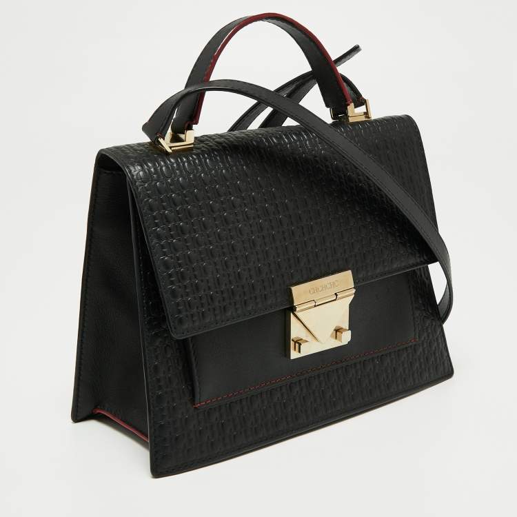 Pre Owned CH Carolina Herrera Black Monogram Leather Flap Top Handle Bag