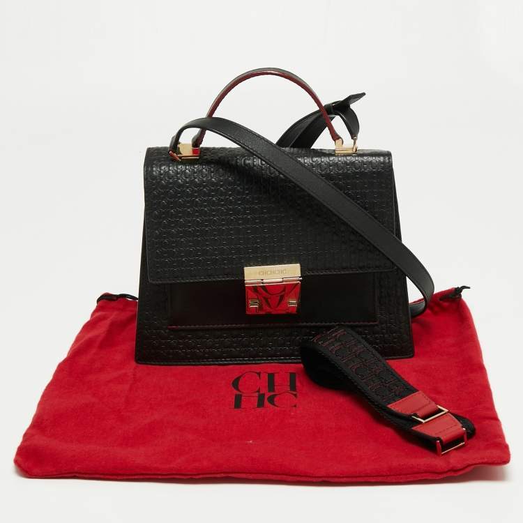 Pre Owned CH Carolina Herrera Black Monogram Leather Flap Top Handle Bag
