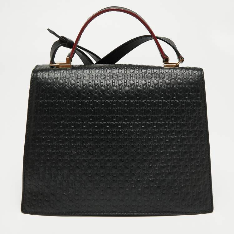Pre Owned CH Carolina Herrera Black Monogram Leather Flap Top Handle Bag