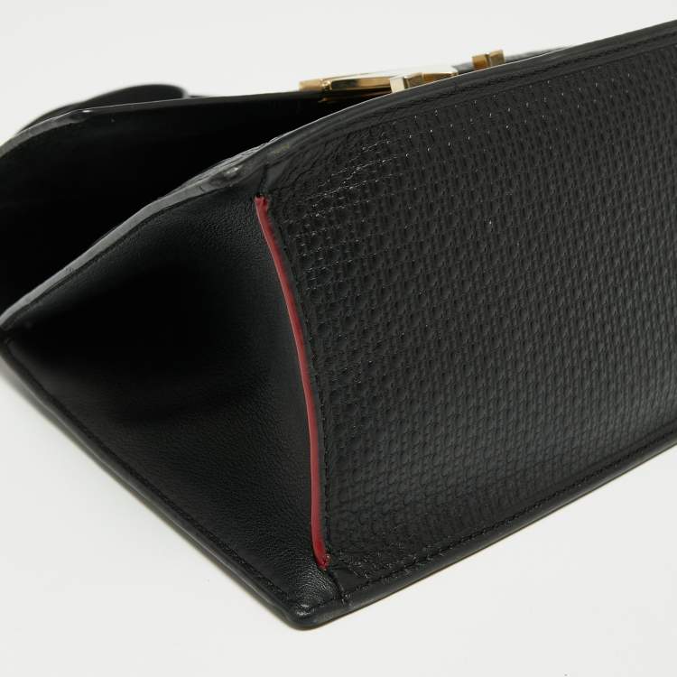 Pre Owned CH Carolina Herrera Black Monogram Leather Flap Top Handle Bag