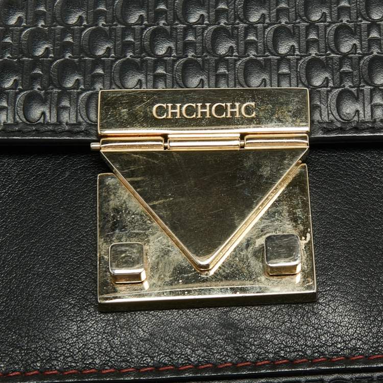 Pre Owned CH Carolina Herrera Black Monogram Leather Flap Top Handle Bag