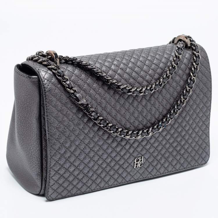 Pre Owned CH Carolina Herrera Grey Quilted Leather Flap Chain Shoulder Bag