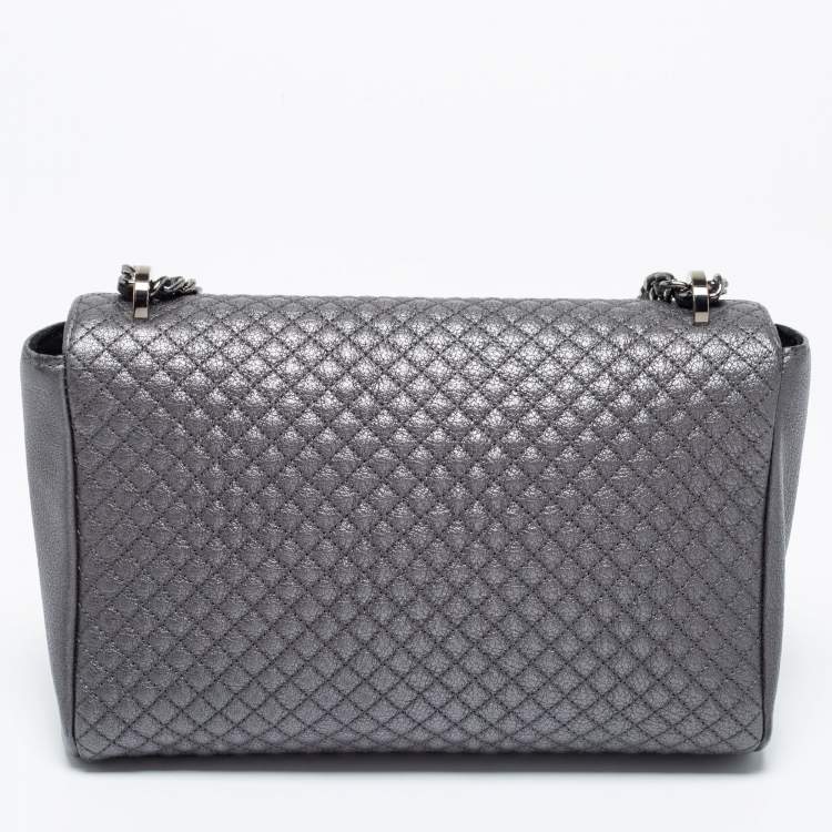 Pre Owned CH Carolina Herrera Grey Quilted Leather Flap Chain Shoulder Bag