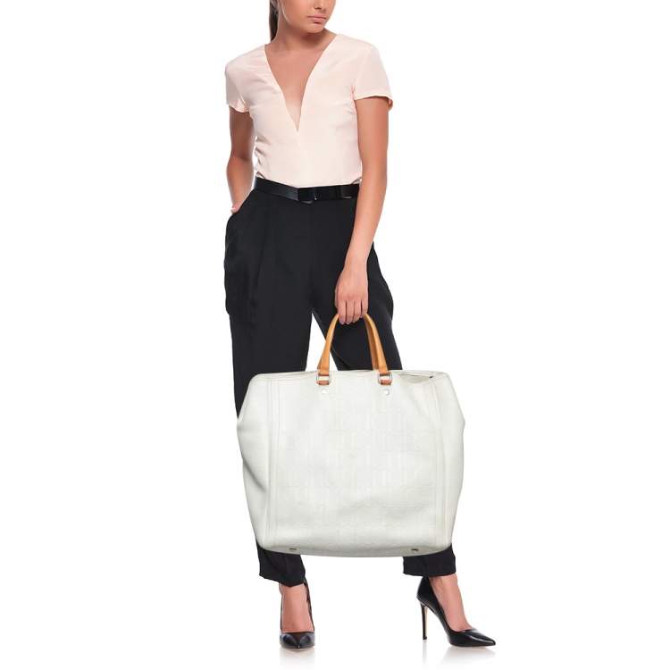 Pre Owned CH Carolina Herrera Off White Embossed Monogram Leather Andy Tote