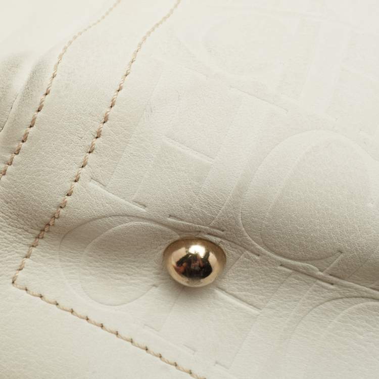 Pre Owned CH Carolina Herrera Off White Embossed Monogram Leather Andy Tote