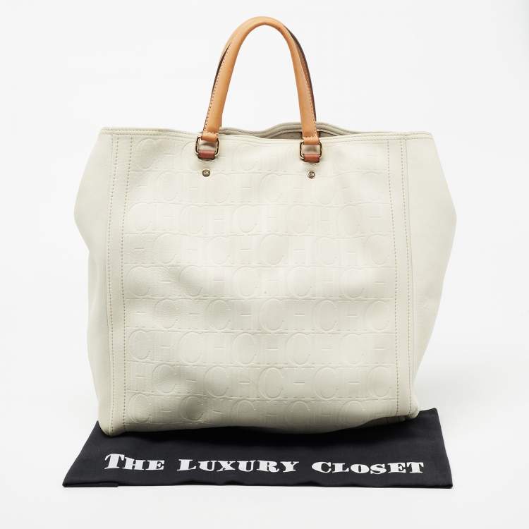 Pre Owned CH Carolina Herrera Off White Embossed Monogram Leather Andy Tote