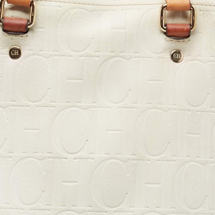 Pre Owned CH Carolina Herrera Off White Embossed Monogram Leather Andy Tote