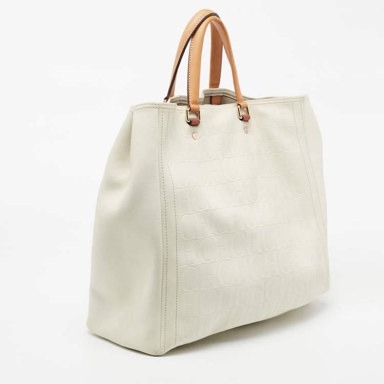 Pre Owned CH Carolina Herrera Off White Embossed Monogram Leather Andy Tote