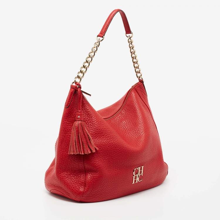 Pre Owned CH Carolina Herrera Red Leather Tassel Hobo
