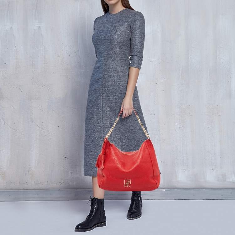 Pre Owned CH Carolina Herrera Red Leather Tassel Hobo