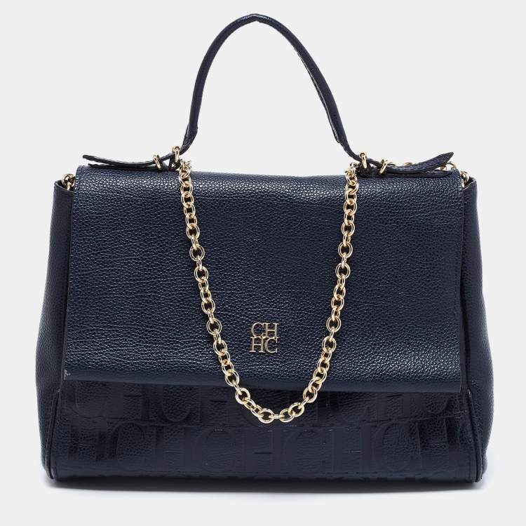 Pre Owned CH Carolina Herrera Blue Leather Minuetto Flap Top Handle Bag