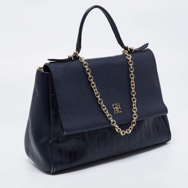 Pre Owned CH Carolina Herrera Blue Leather Minuetto Flap Top Handle Bag