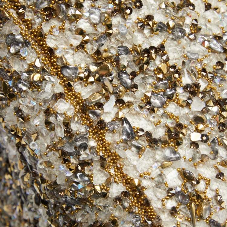 Pre Owned CH Carolina Herrera Gold/Black Leather and Crystals Embellished Duchess Tote