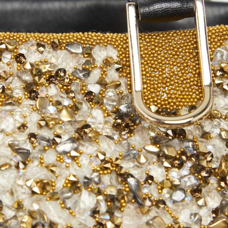Pre Owned CH Carolina Herrera Gold/Black Leather and Crystals Embellished Duchess Tote