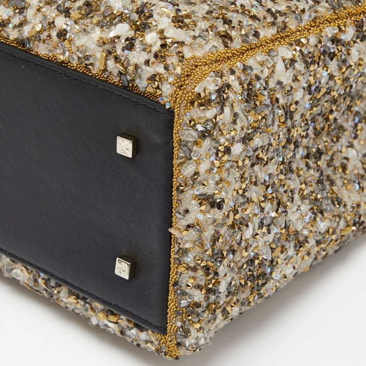Pre Owned CH Carolina Herrera Gold/Black Leather and Crystals Embellished Duchess Tote