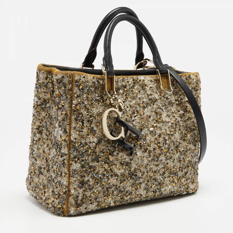Pre Owned CH Carolina Herrera Gold/Black Leather and Crystals Embellished Duchess Tote