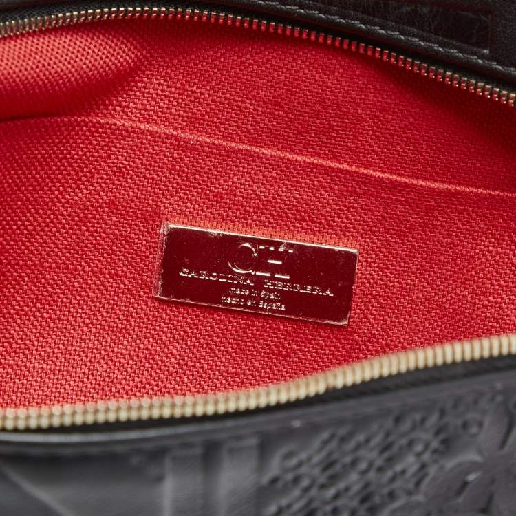 Pre Owned CH Carolina Herrera Black Monogram Embossed Leather Front Zip Crossbody Bag
