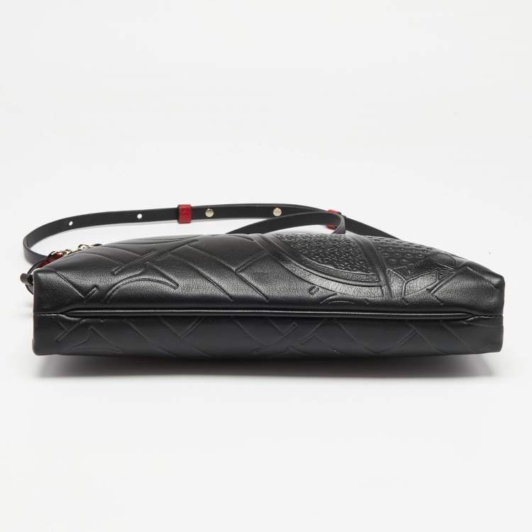 Pre Owned CH Carolina Herrera Black Monogram Embossed Leather Front Zip Crossbody Bag