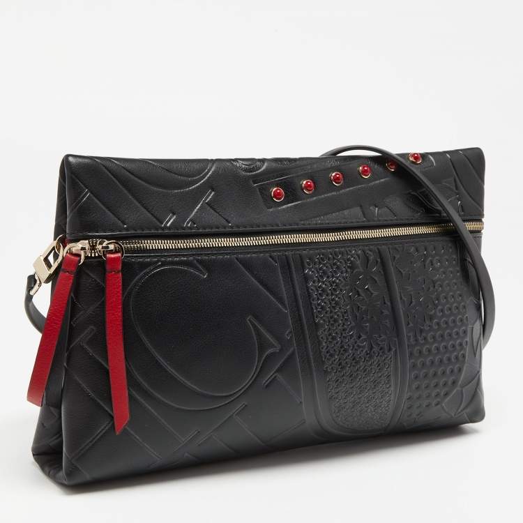 Pre Owned CH Carolina Herrera Black Monogram Embossed Leather Front Zip Crossbody Bag