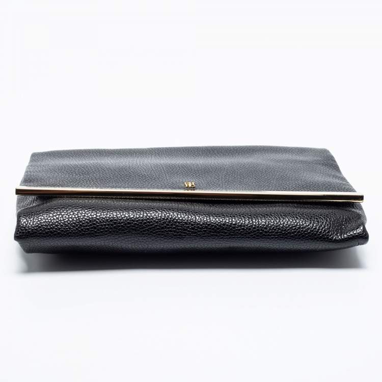 Pre Owned CH Carolina Herrera Black Leather Metal Flap Chain Clutch